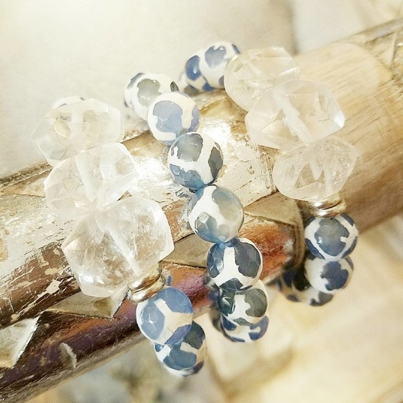 Druzy Beaded Bracelet - Cream & Blue Zebra (one bracelet per order) - Picture 1 of 6